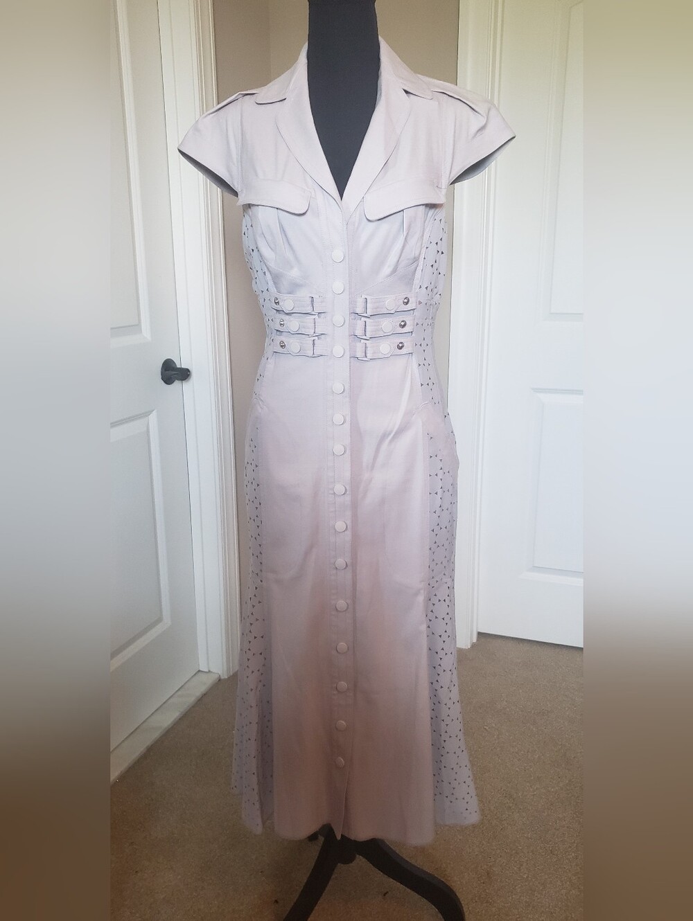 Byron Lars Beauty Mark Lavender Button-Front Midi Dress with Belted Waist